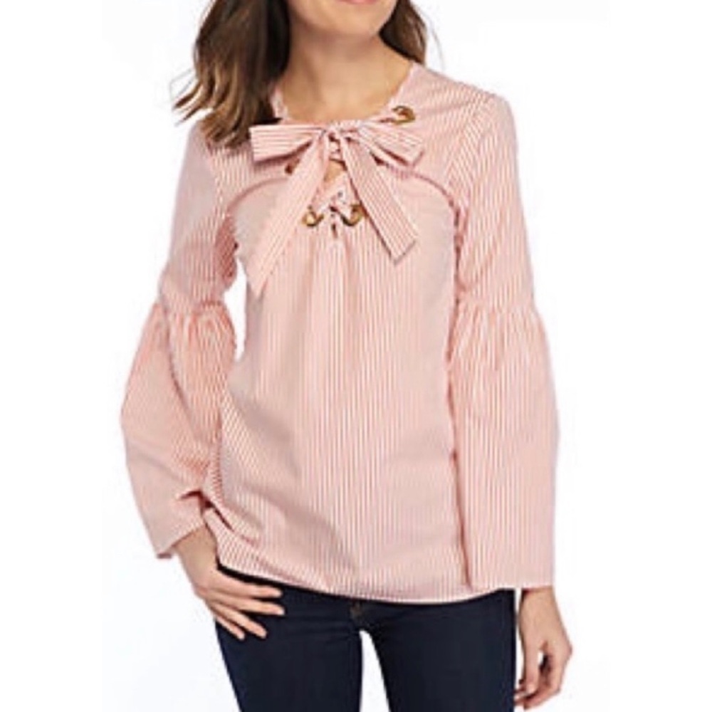 Michael Kors Women’s Light Quartz Striped Bow Tie Up Front Bell Sleeve Top